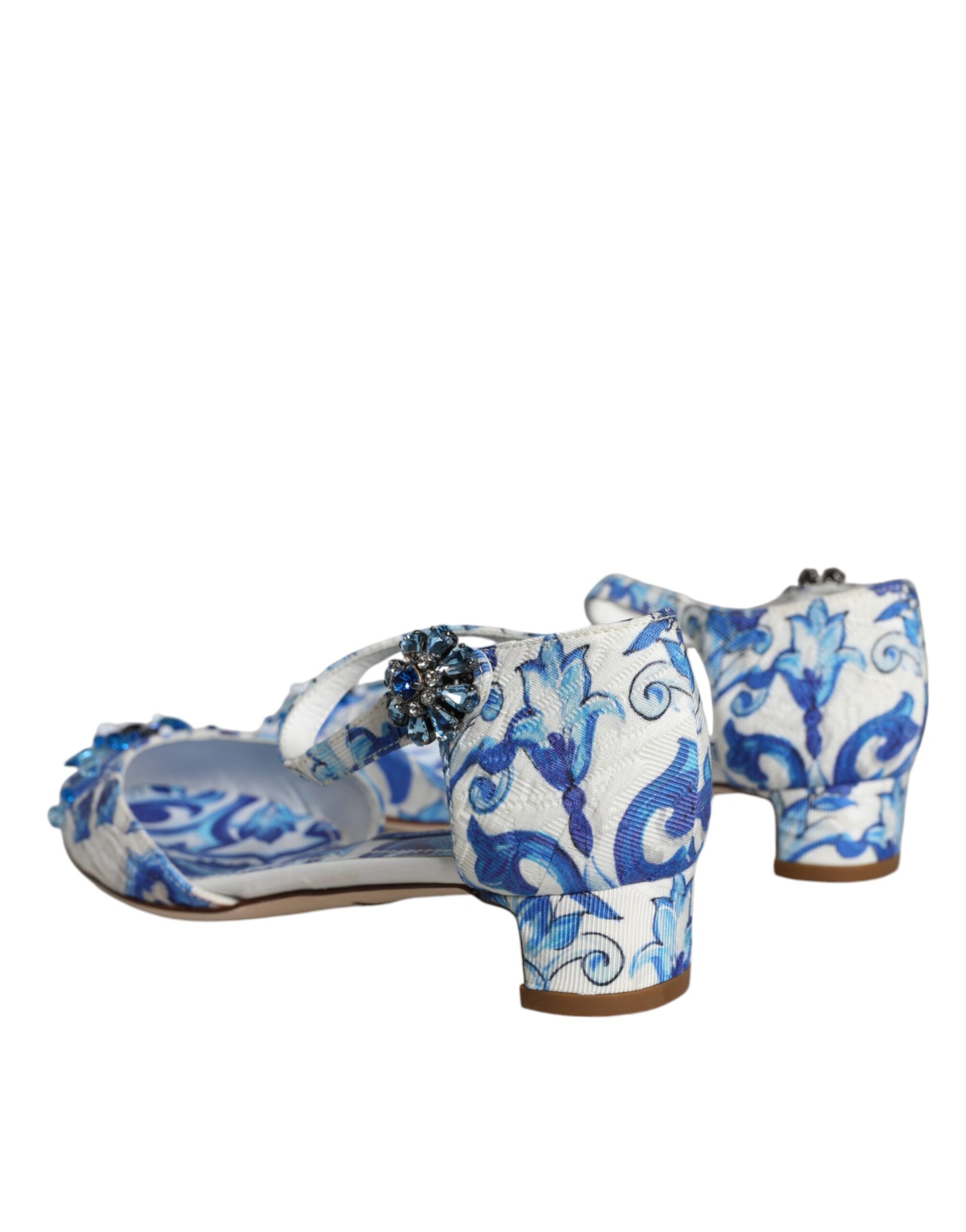 Sandalen mit Knöchelriemen in Weiß und Blau mit Majolika-Print