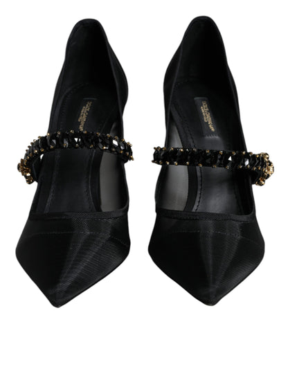 Black Mesh Mary Jane Crystal Heel Pumps Shoes