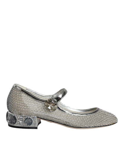 Silberne Mary Jane Pumps mit Kristallen aus Netzstoff