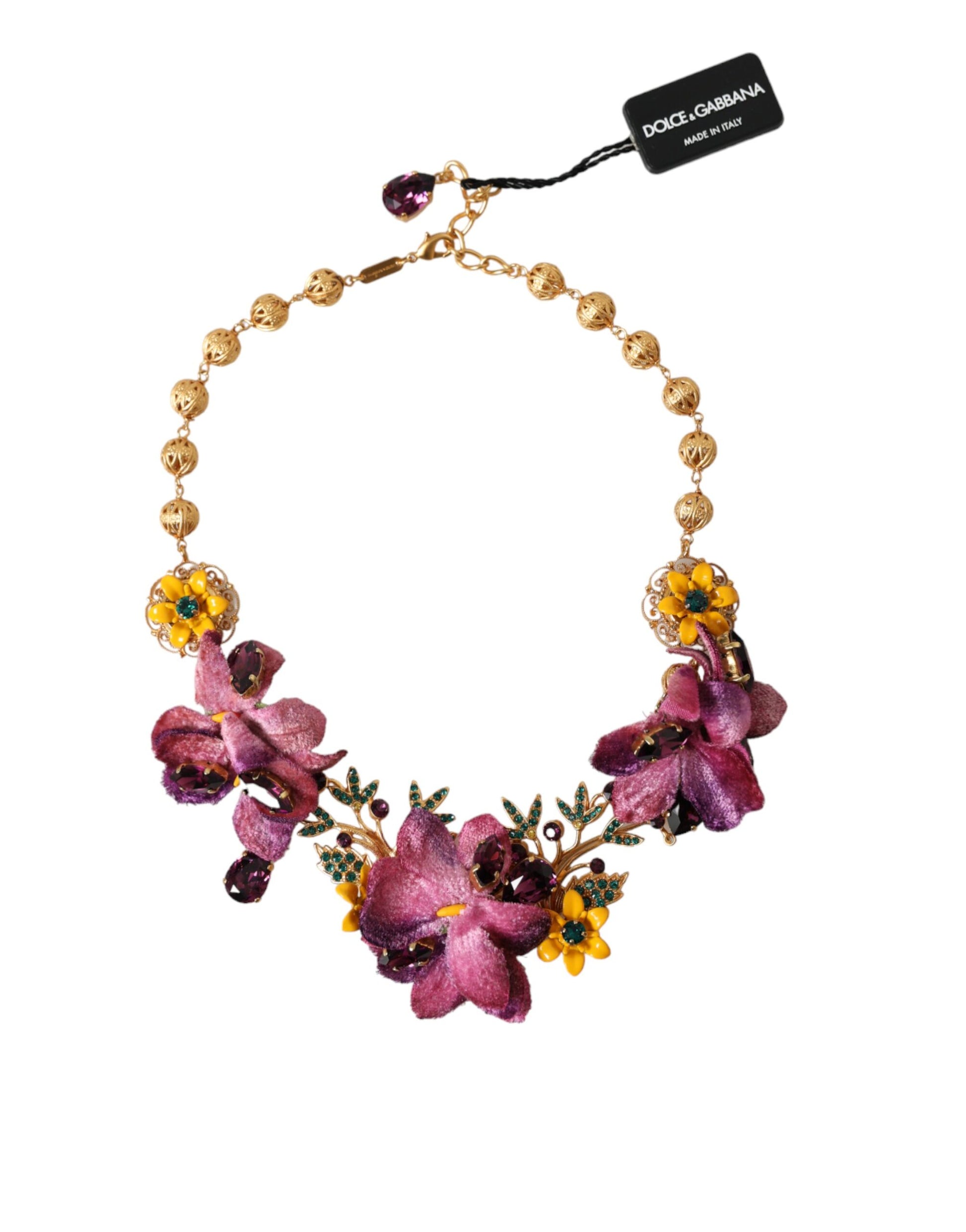 Halskette mit Fiori-Blumen und Kristallen aus goldenem Messing