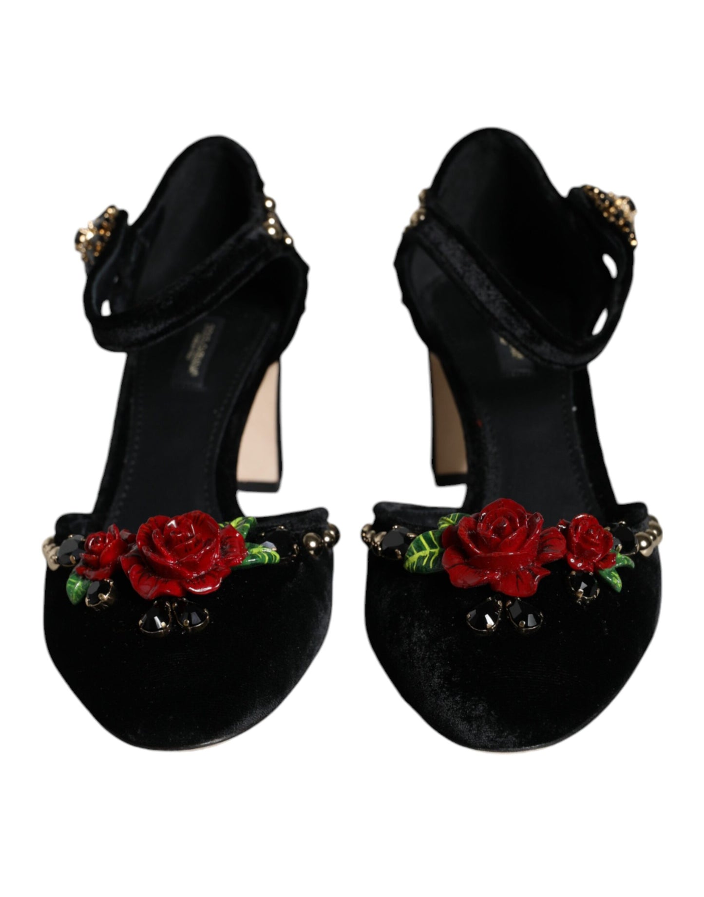 Schwarze Pumps mit Knöchelriemen und Rosen aus Samt