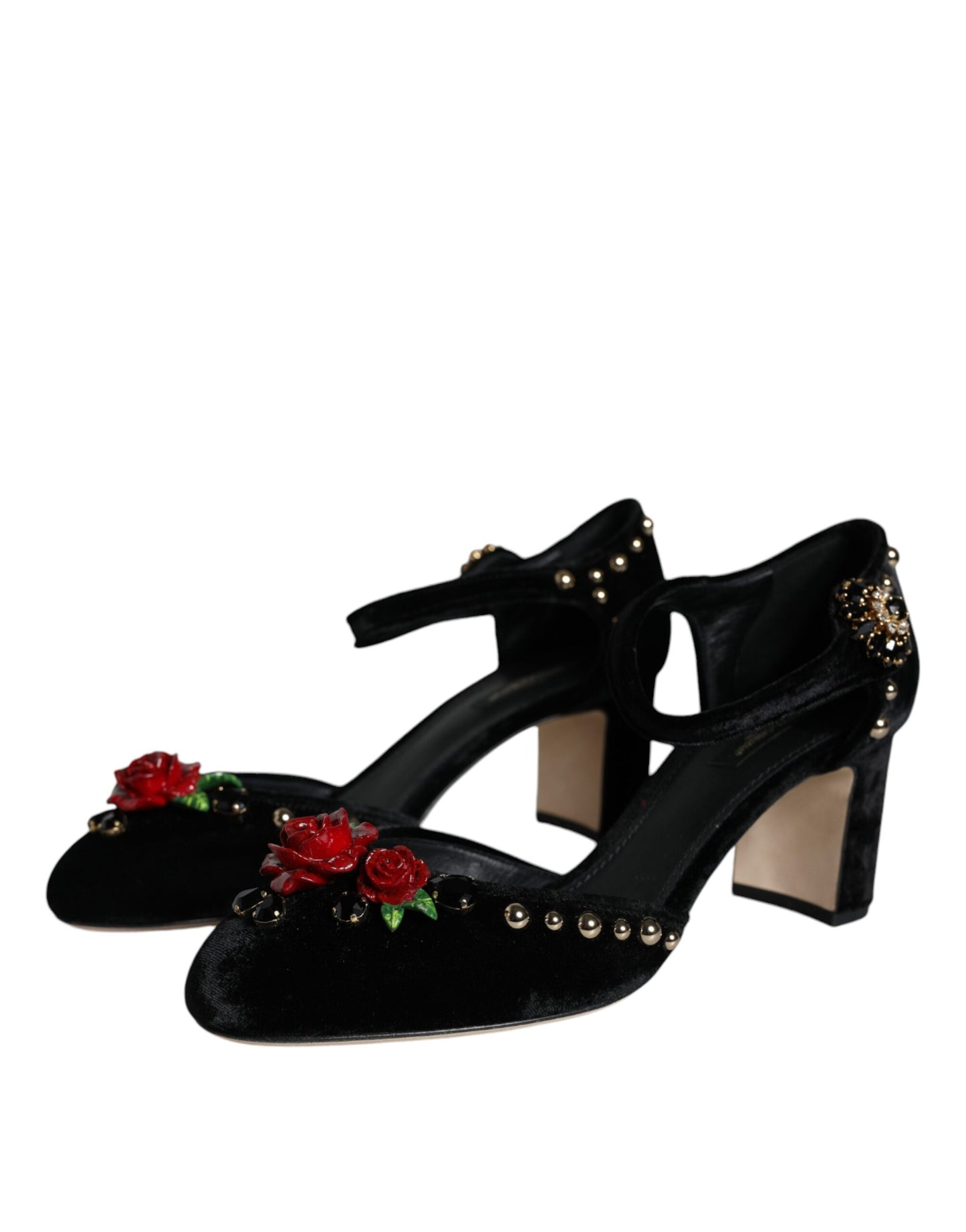 Schwarze Pumps mit Knöchelriemen und Rosen aus Samt