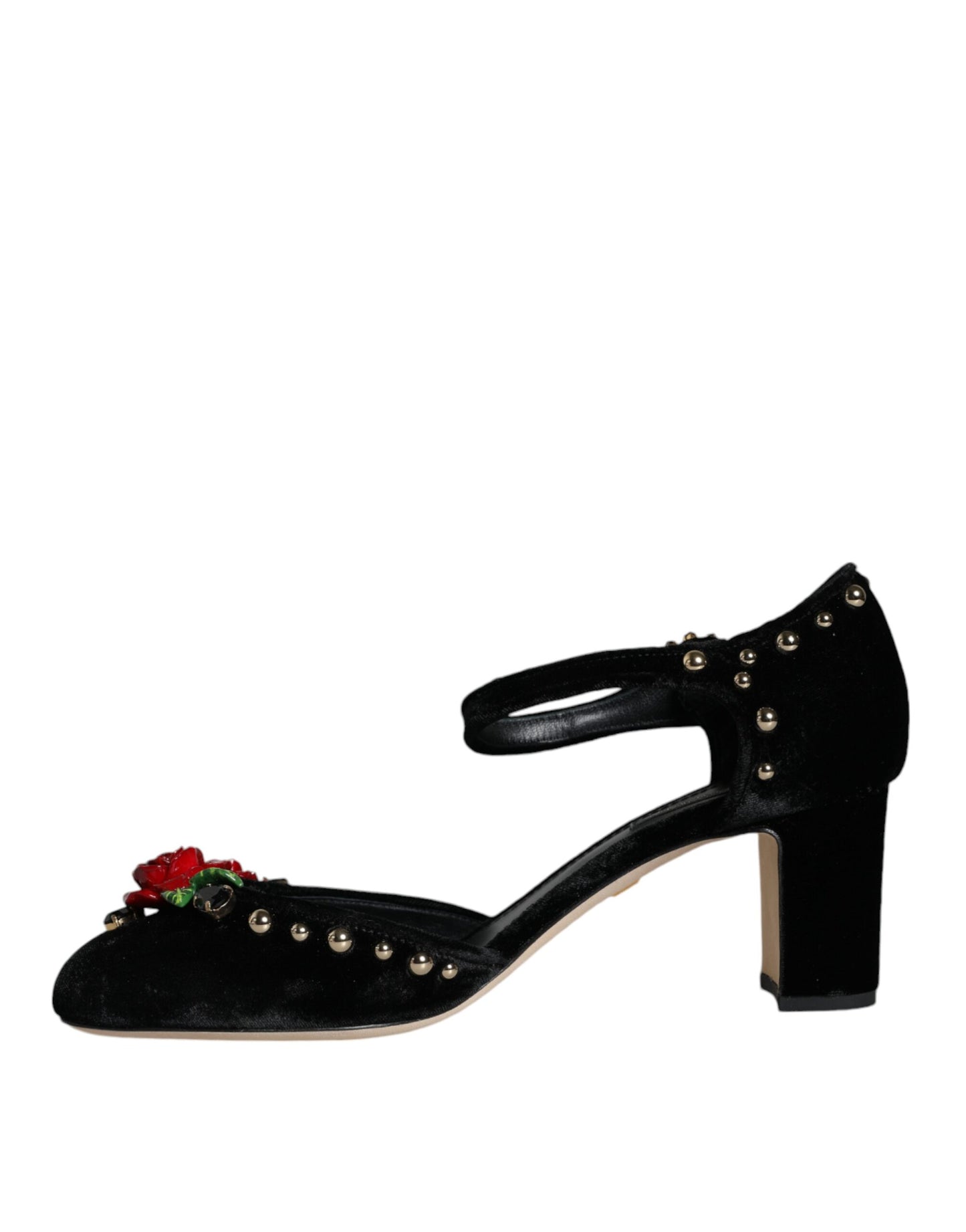 Schwarze Pumps mit Knöchelriemen und Rosen aus Samt