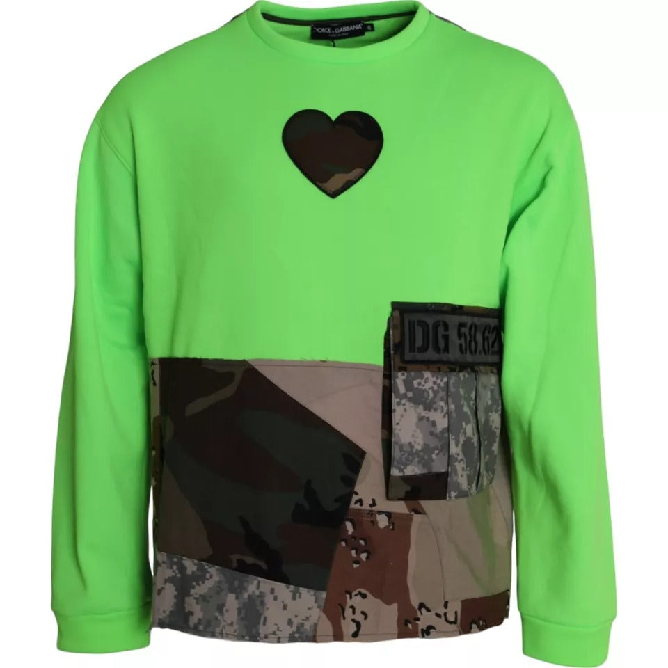 Green Patchwork Heart Crew Neck Pullover Sweater