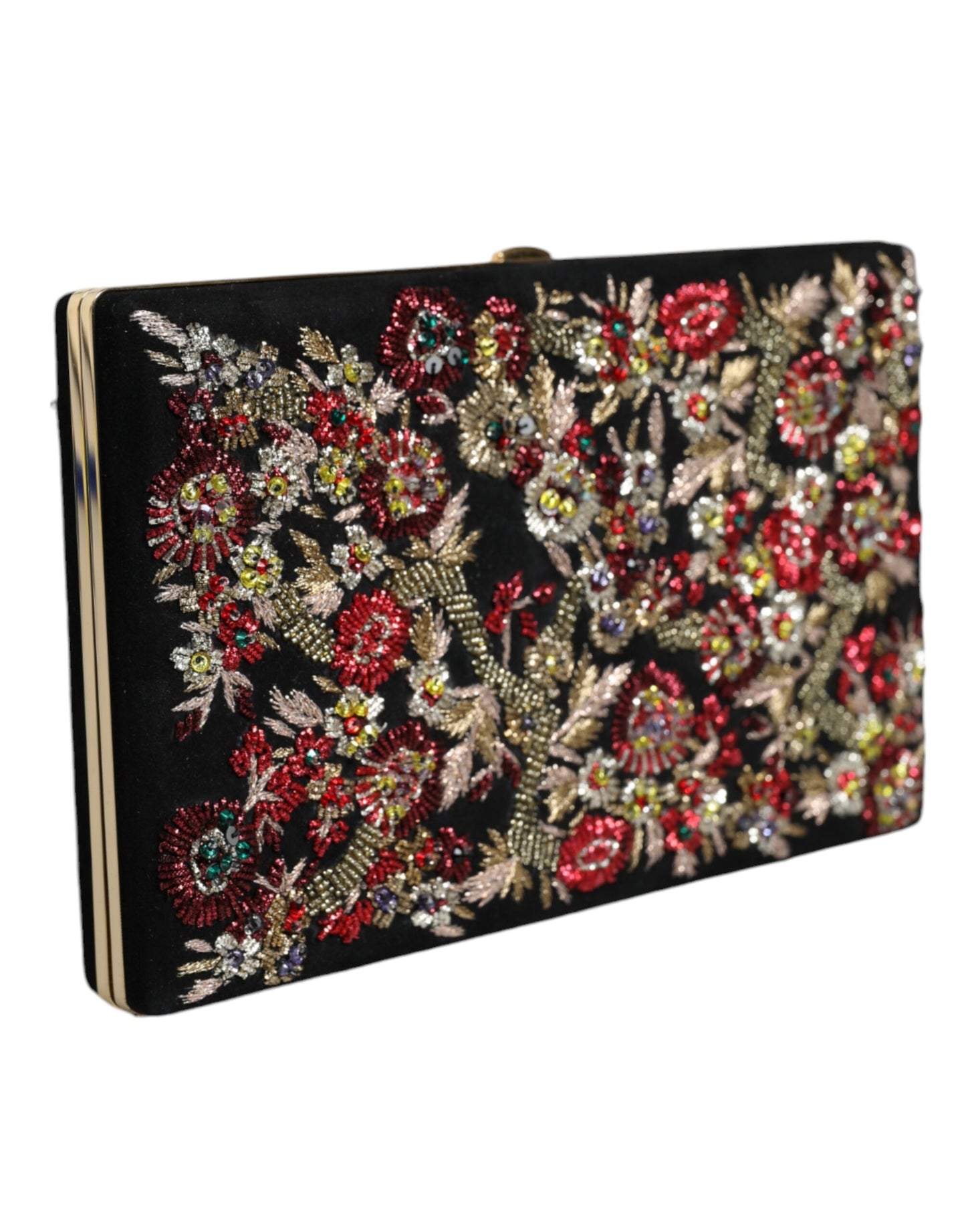 Mehrfarbige Clutch mit Blumenmuster und goldenem Rahmen für den Abend