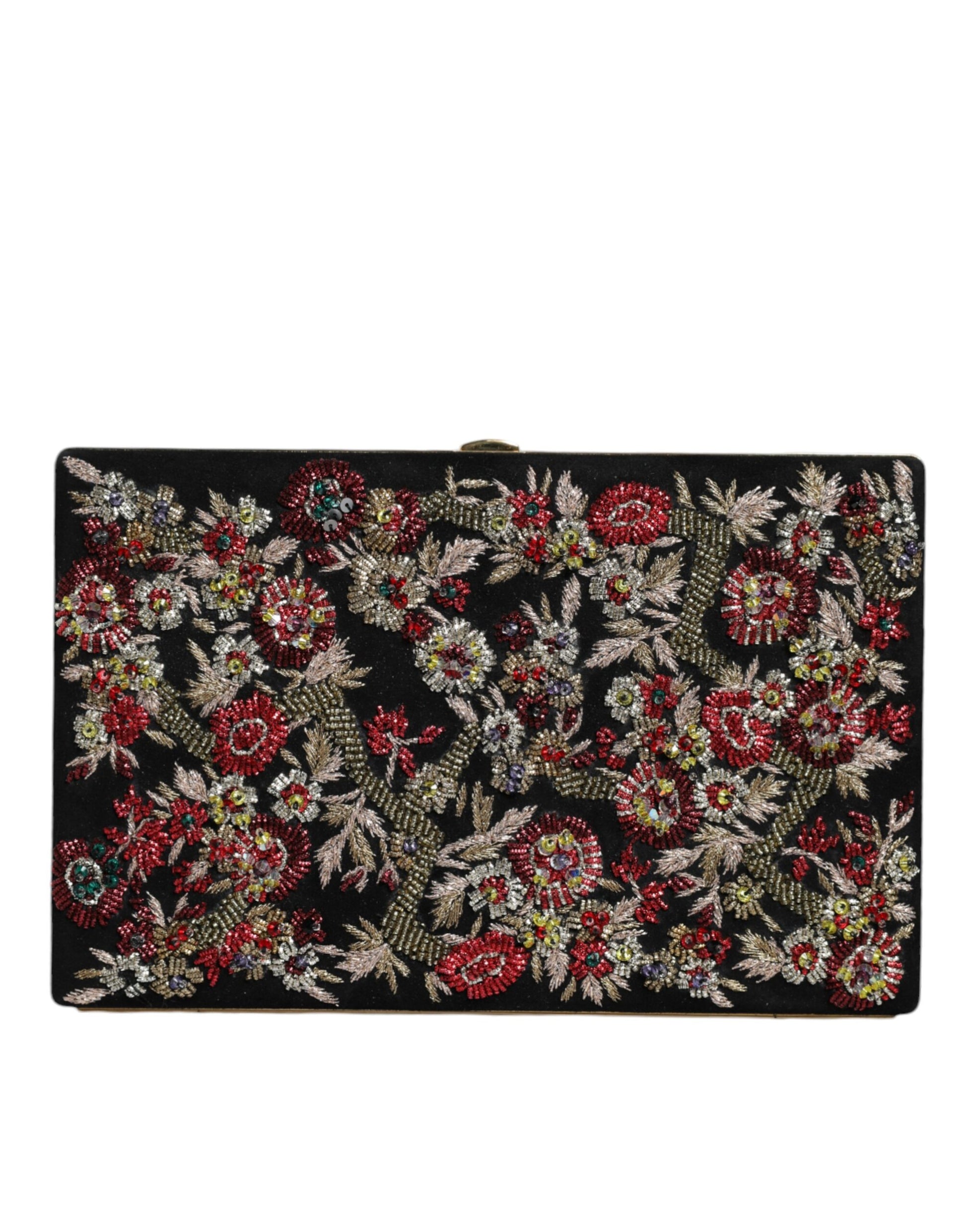 Mehrfarbige Clutch mit Blumenmuster und goldenem Rahmen für den Abend