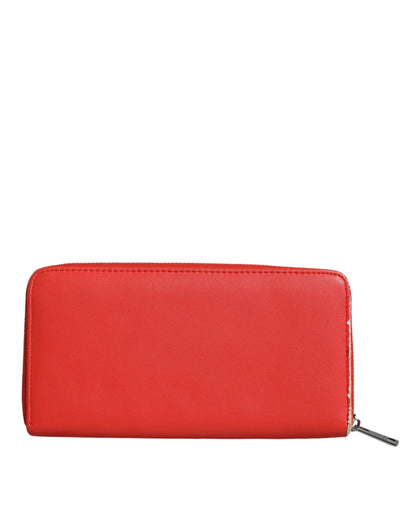 Rotes Kartenetui aus Leder mit Rundum-Reißverschluss, zweifach faltbare Clutch