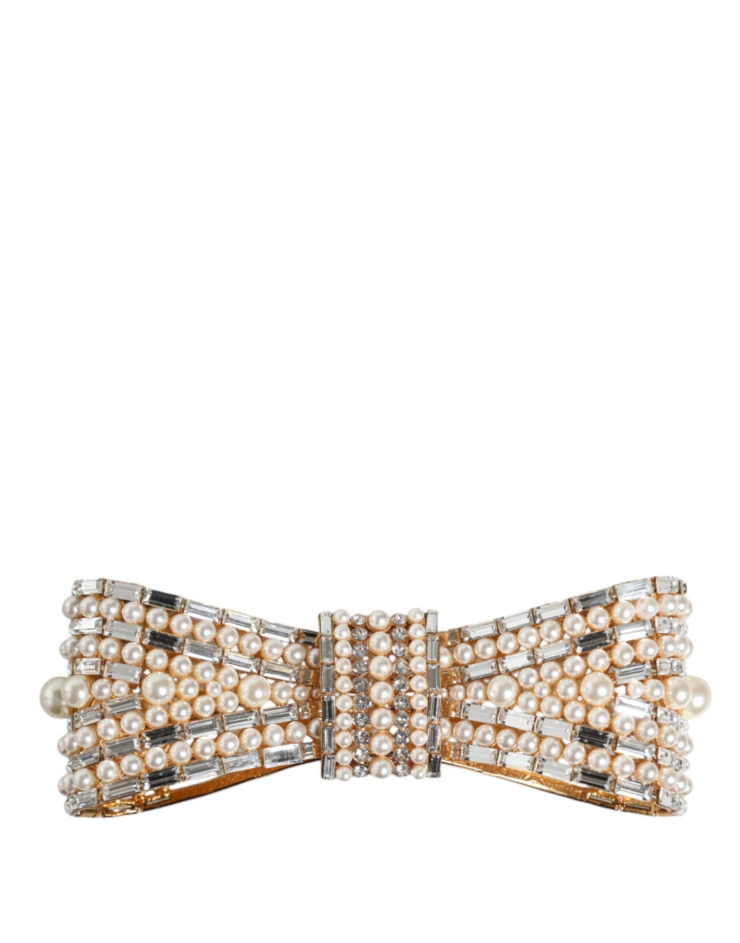 Gold Tone Brass Bow Crystal FauxPearl Embellished Brooch