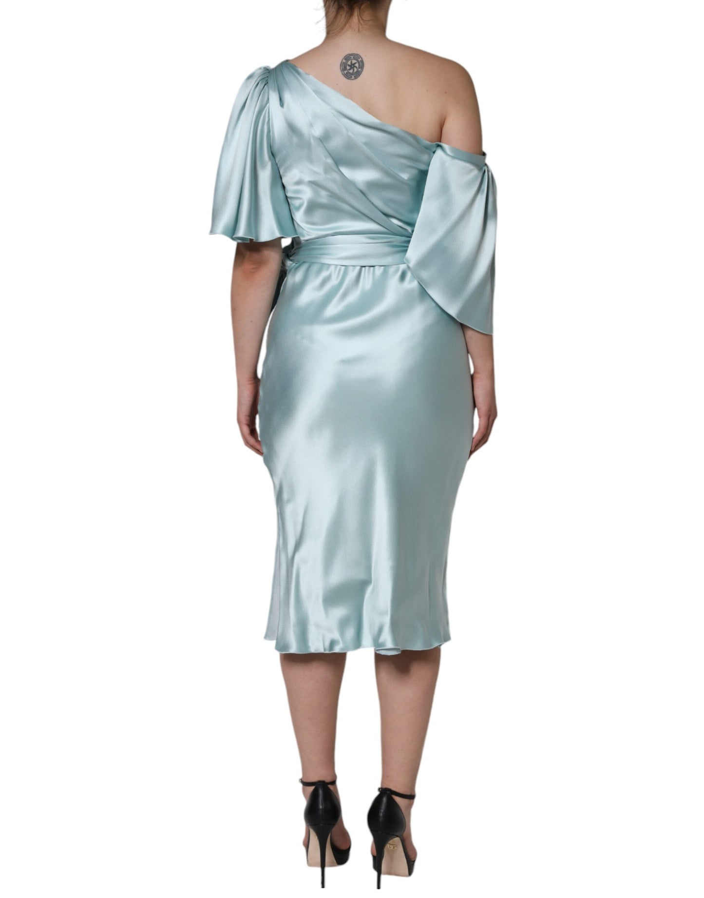 Mintgrünes, tailliertes One-Shoulder-Kleid aus Seide