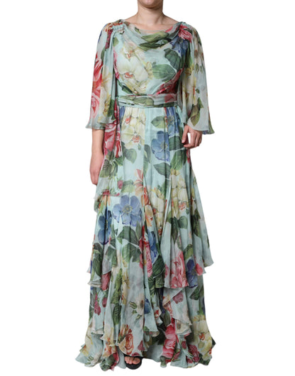 Multicolor Floral Silk Long Gown Dress