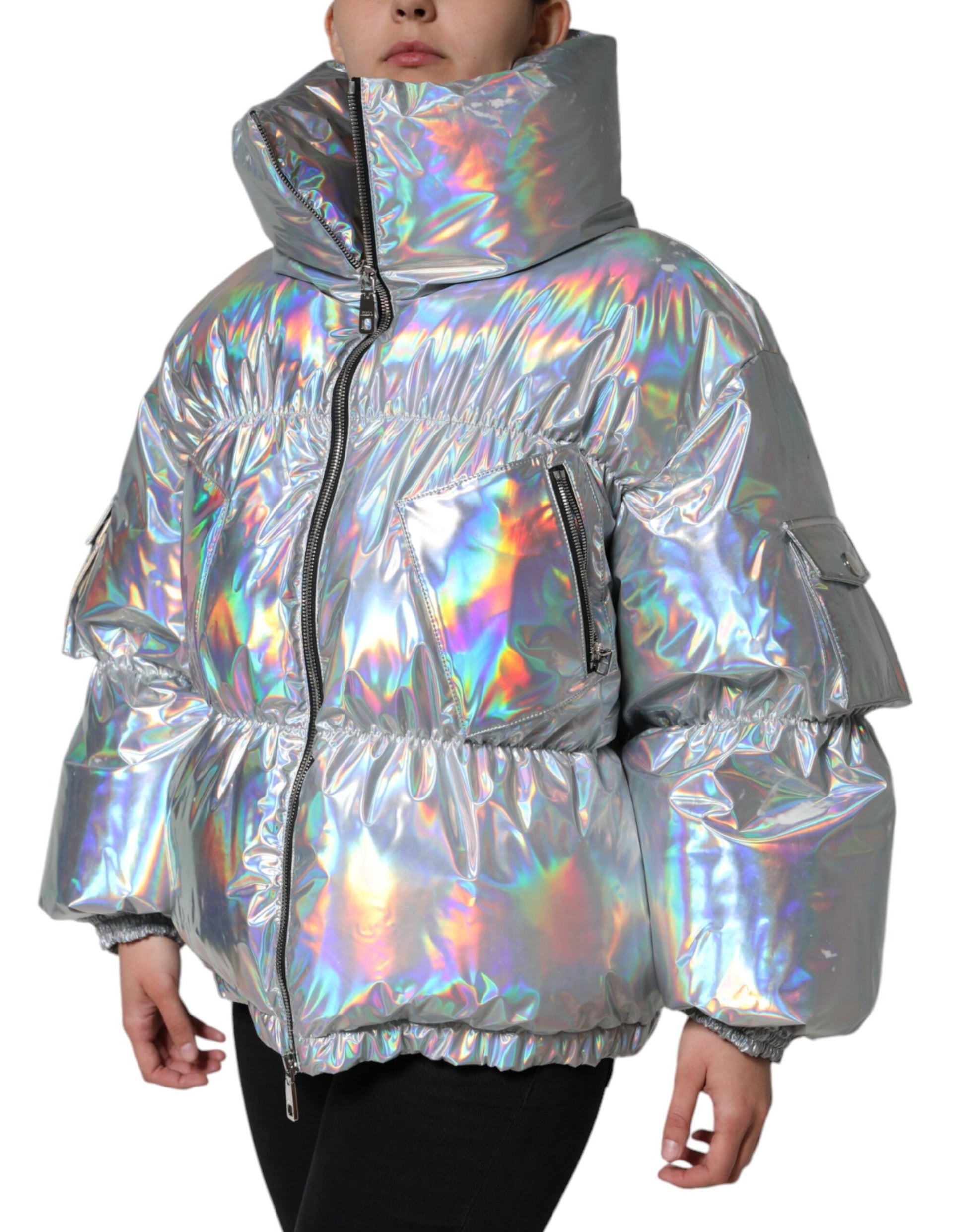 Silver Iridescent Puffer Full Zip Coat Jacket