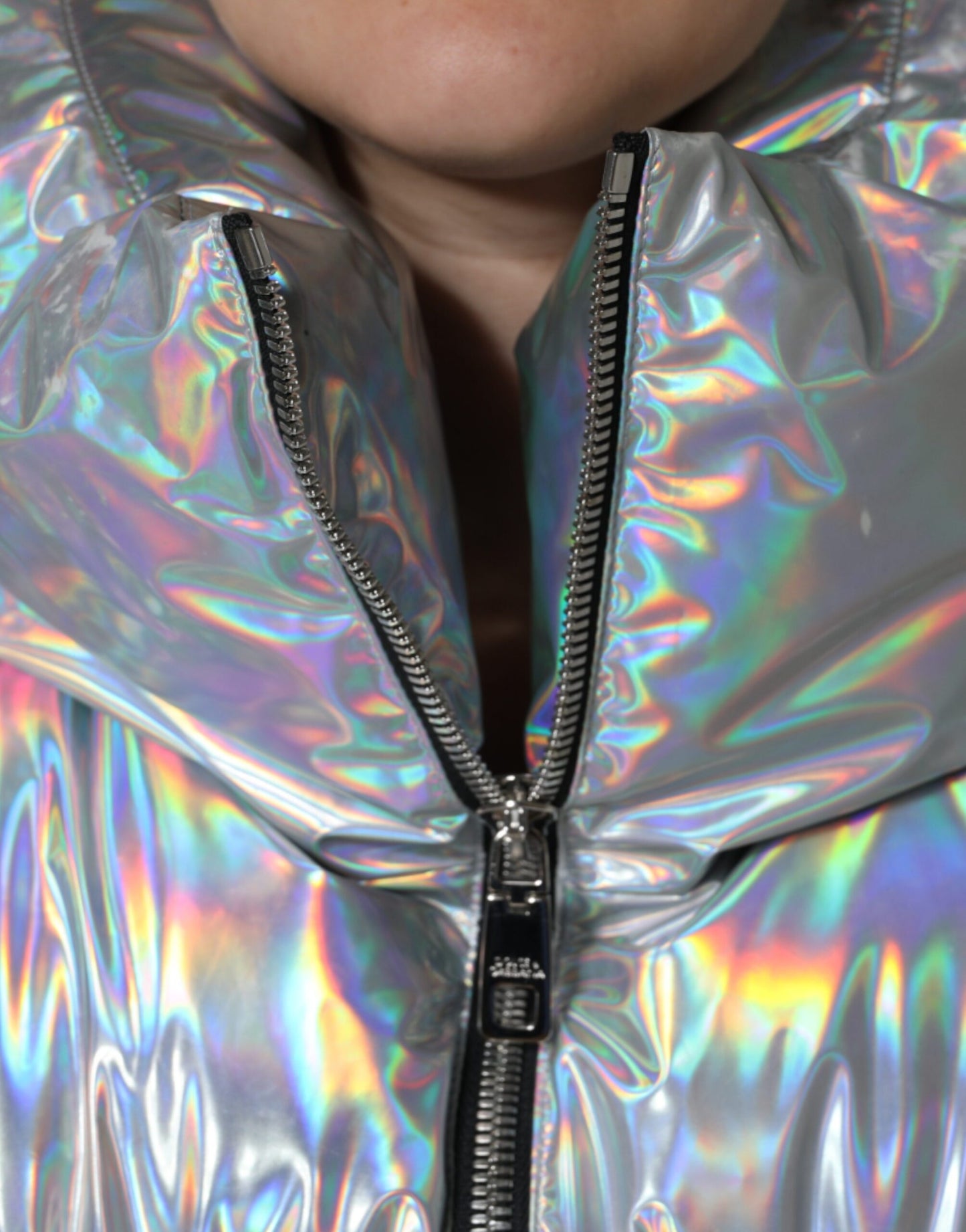 Silver Iridescent Puffer Full Zip Coat Jacket