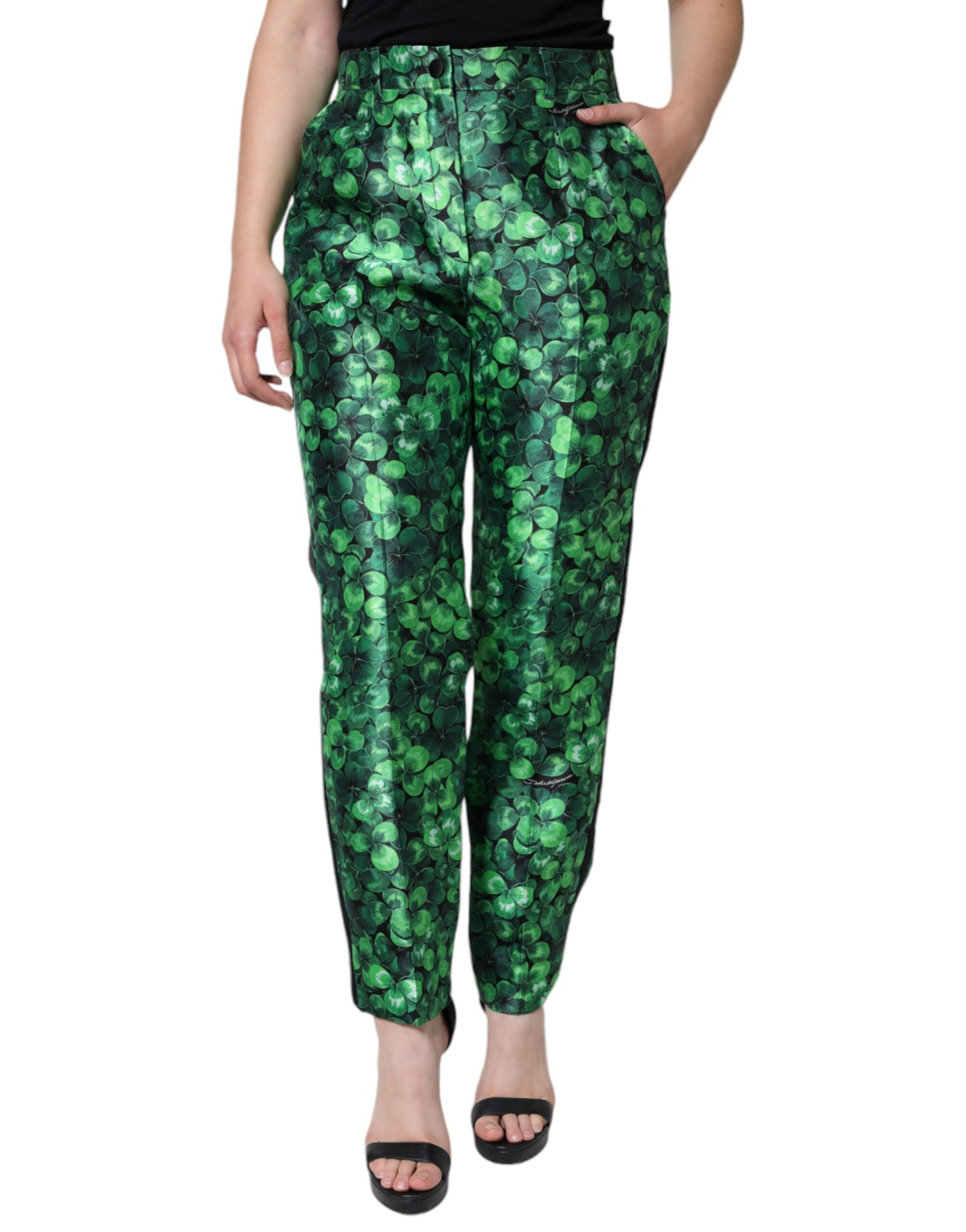 Green Clover Silk Satin High Waist Tapered Pants