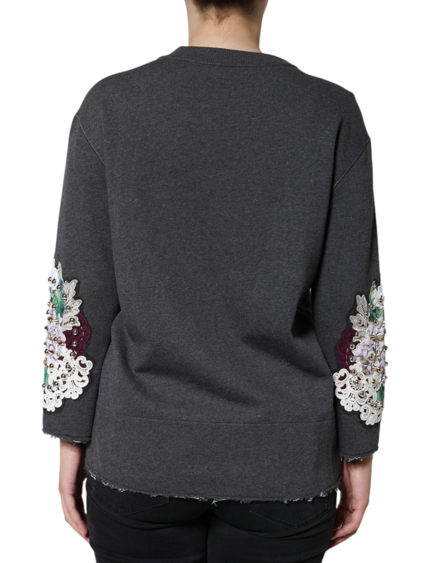 Grauer Hydrangea College Pullover mit Blumenmuster und Nieten