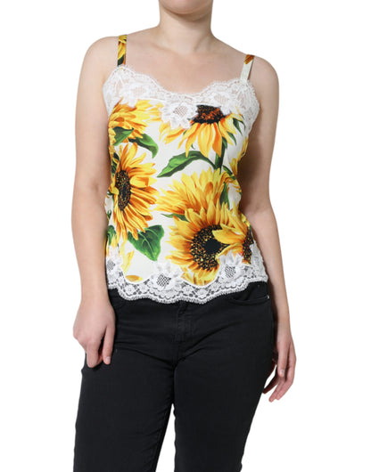 Weißes ärmelloses Tanktop aus Seide mit Sonnenblumenspitze