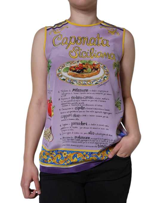 Violettes Tanktop aus Seide mit Caponata-Siciliana-Print