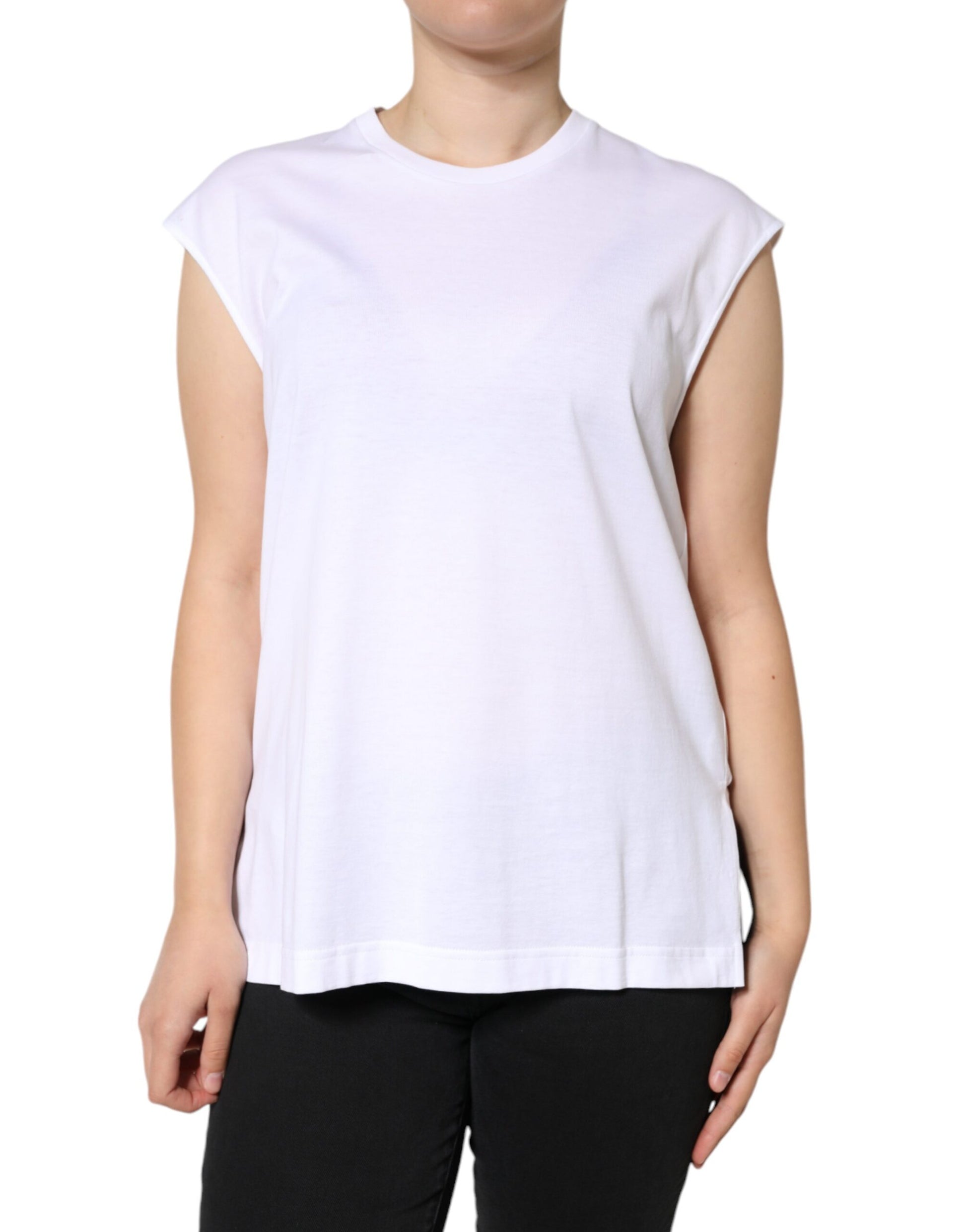 White Cotton Sleeveless Crew Neck T-shirt