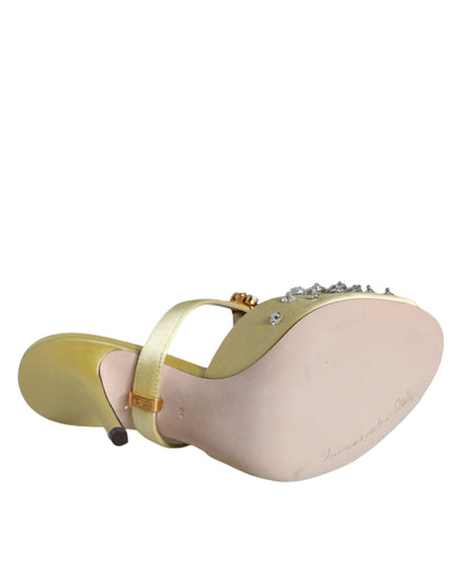 Gelbe Mary Janes Satin Kristall Sandalen Schuhe