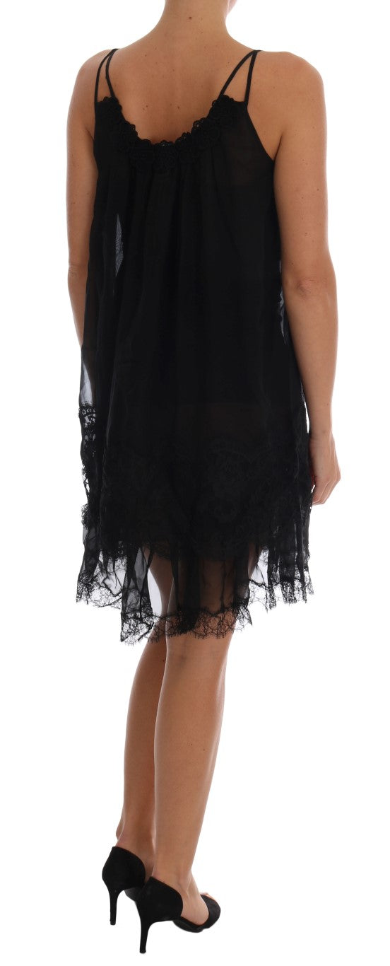 Elegantes schwarzes Chemise-Kleid aus Seidenspitze