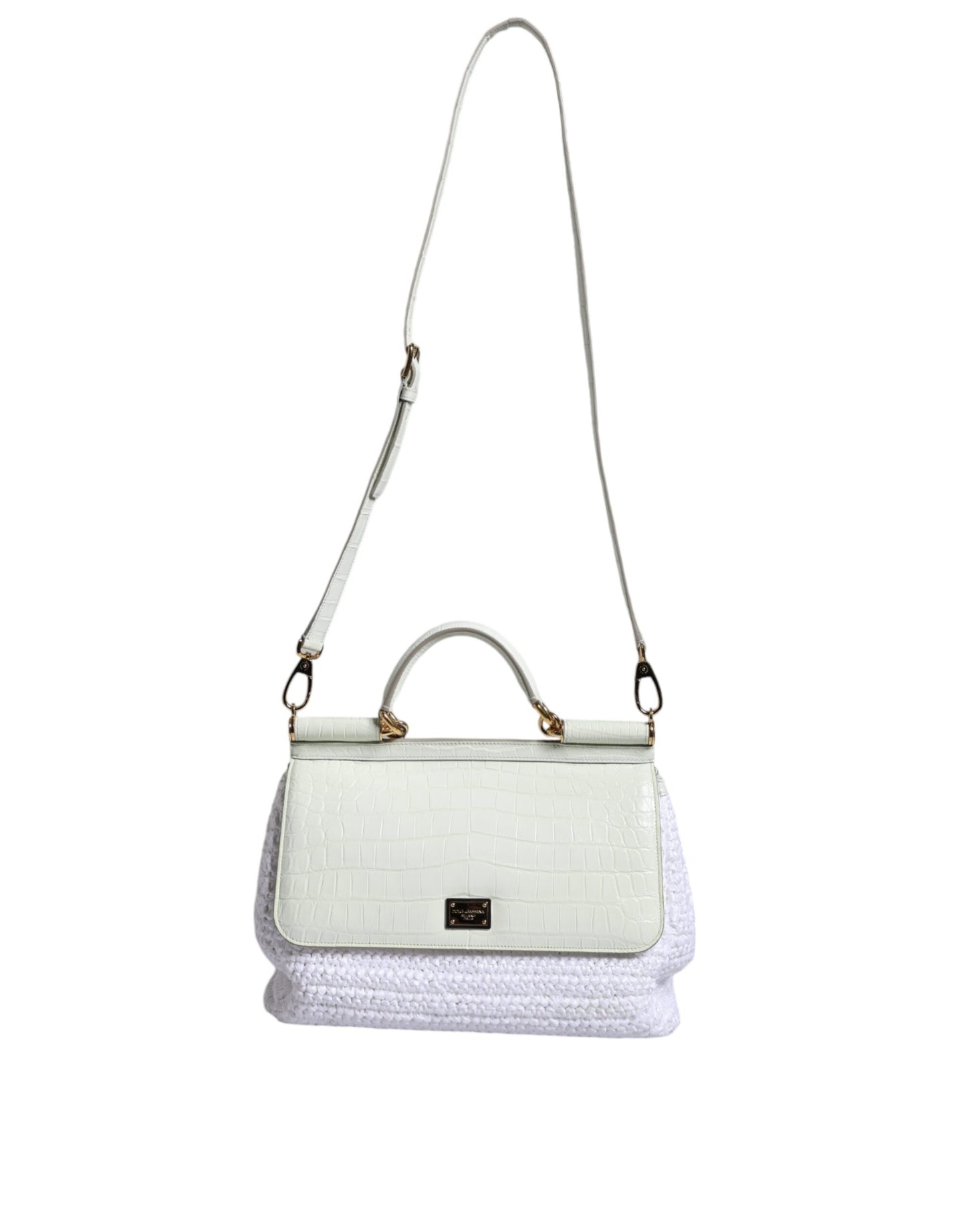 White Rafia Leather Top Handle Crossbody Bag