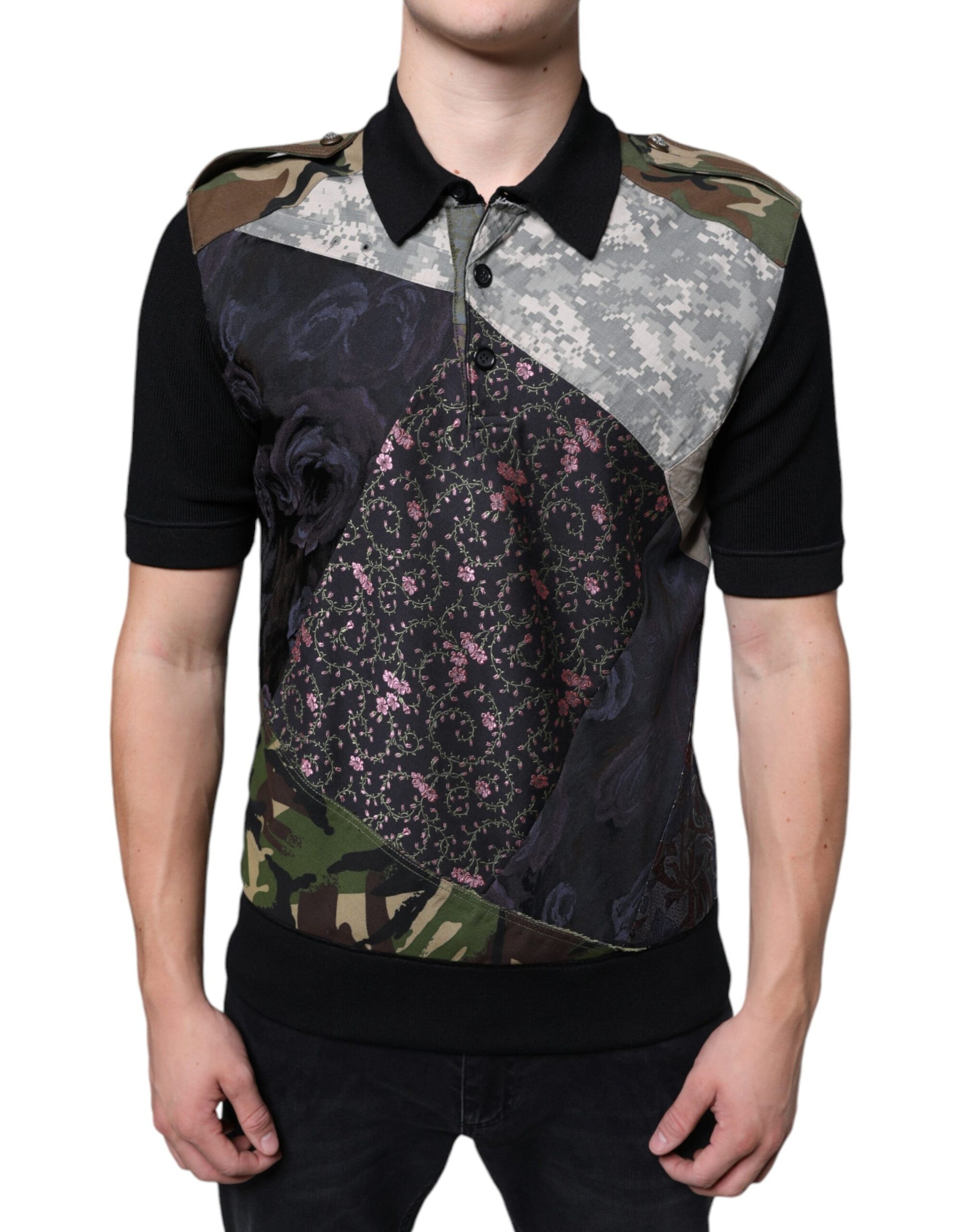 Mehrfarbiges Polo-T-Shirt aus Seide mit Camouflage-Patchwork