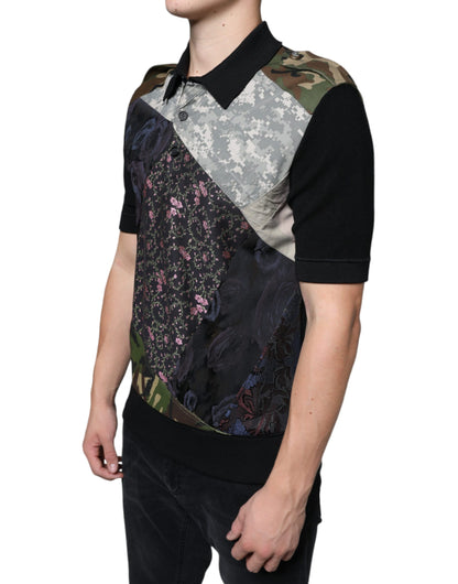 Mehrfarbiges Polo-T-Shirt aus Seide mit Camouflage-Patchwork