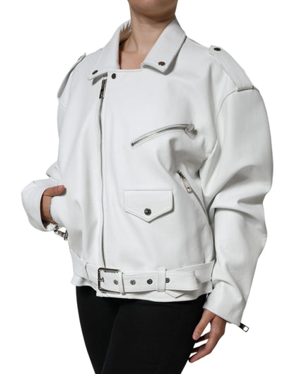 White Lambskin Leather Biker Coat Jacket