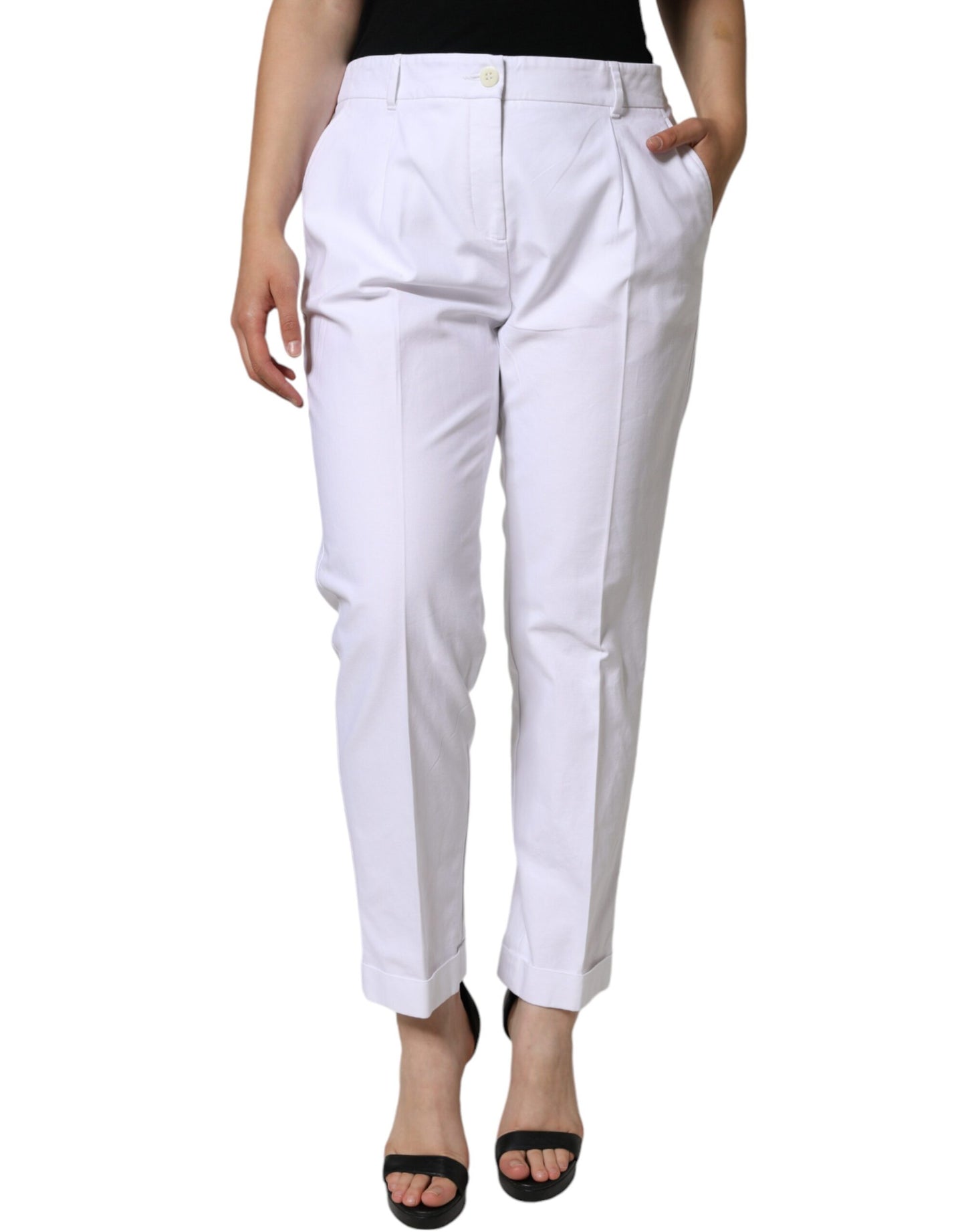 White Cotton Stretch Tapered Pants