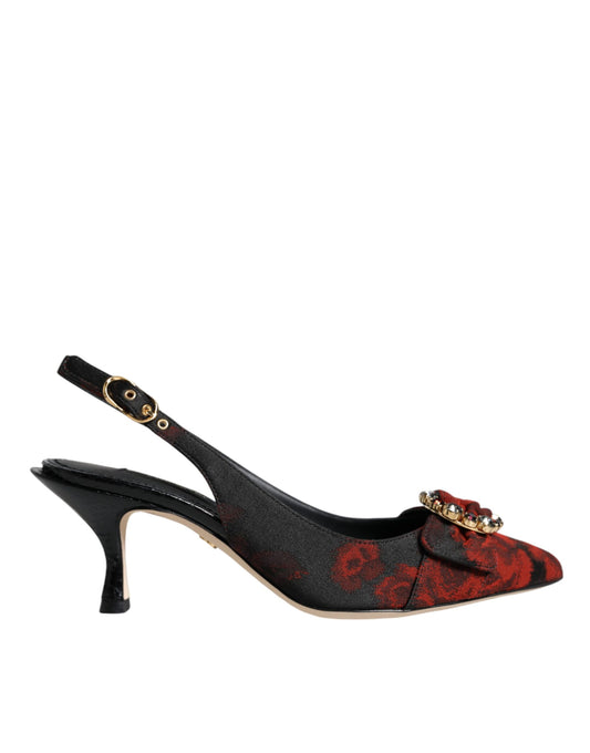 Slingback-Schuhe mit Blumenmuster und Kristallabsatz in Schwarz und Rot