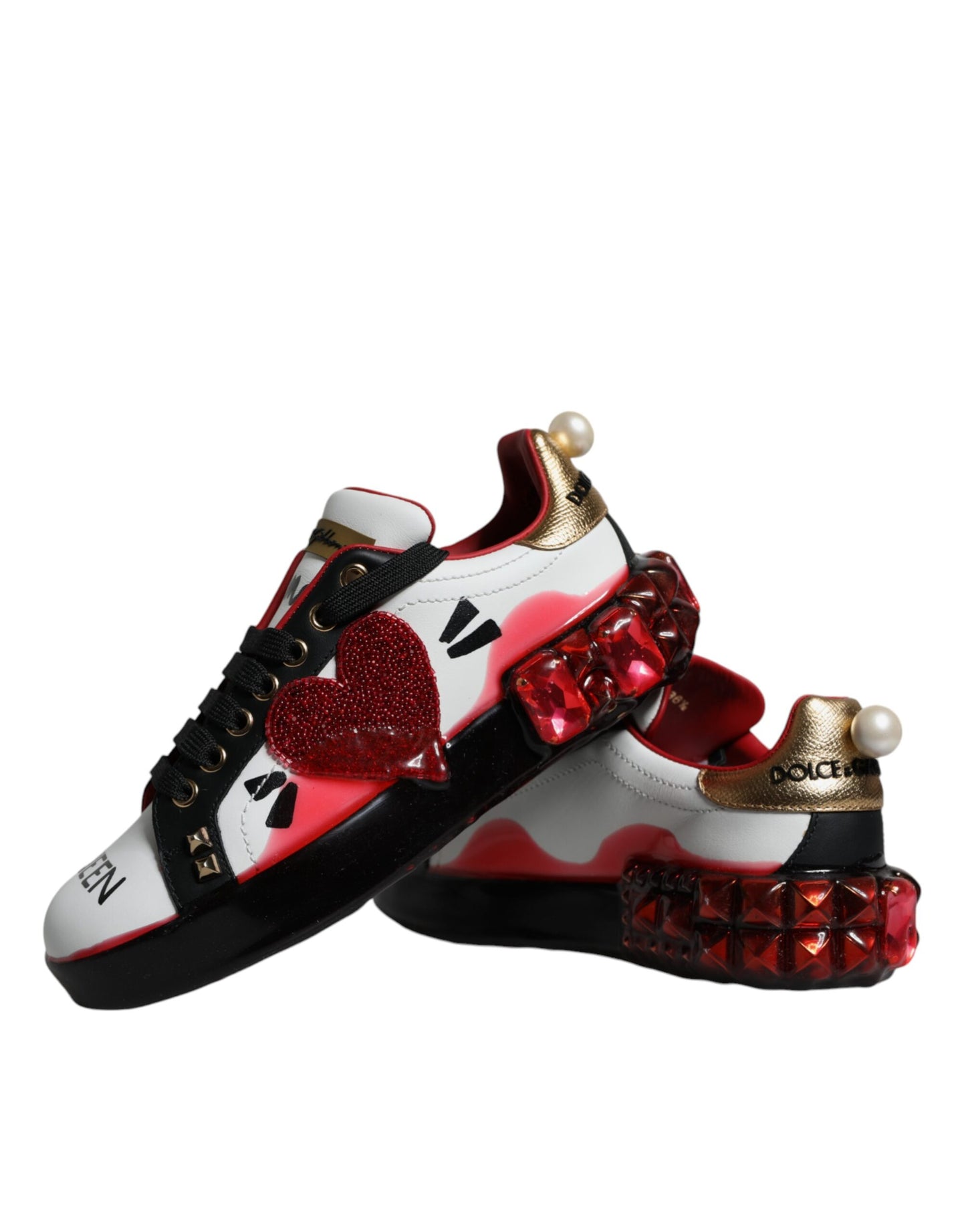 Weiß Rot Kristalle Leder Portofino Sneakers Schuhe