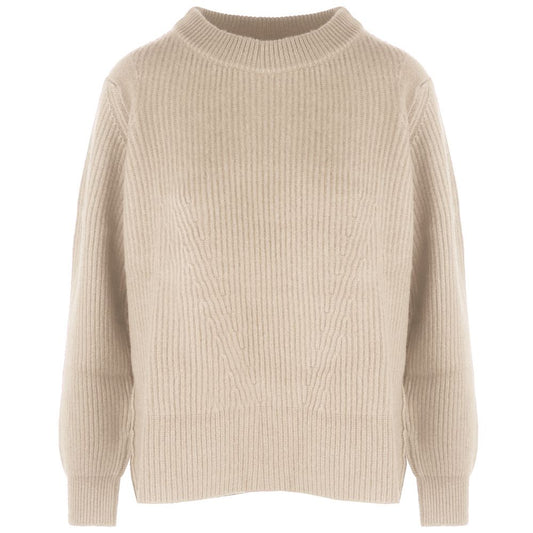 Beige Cashmere Women Sweater with Ribbed Embroidery