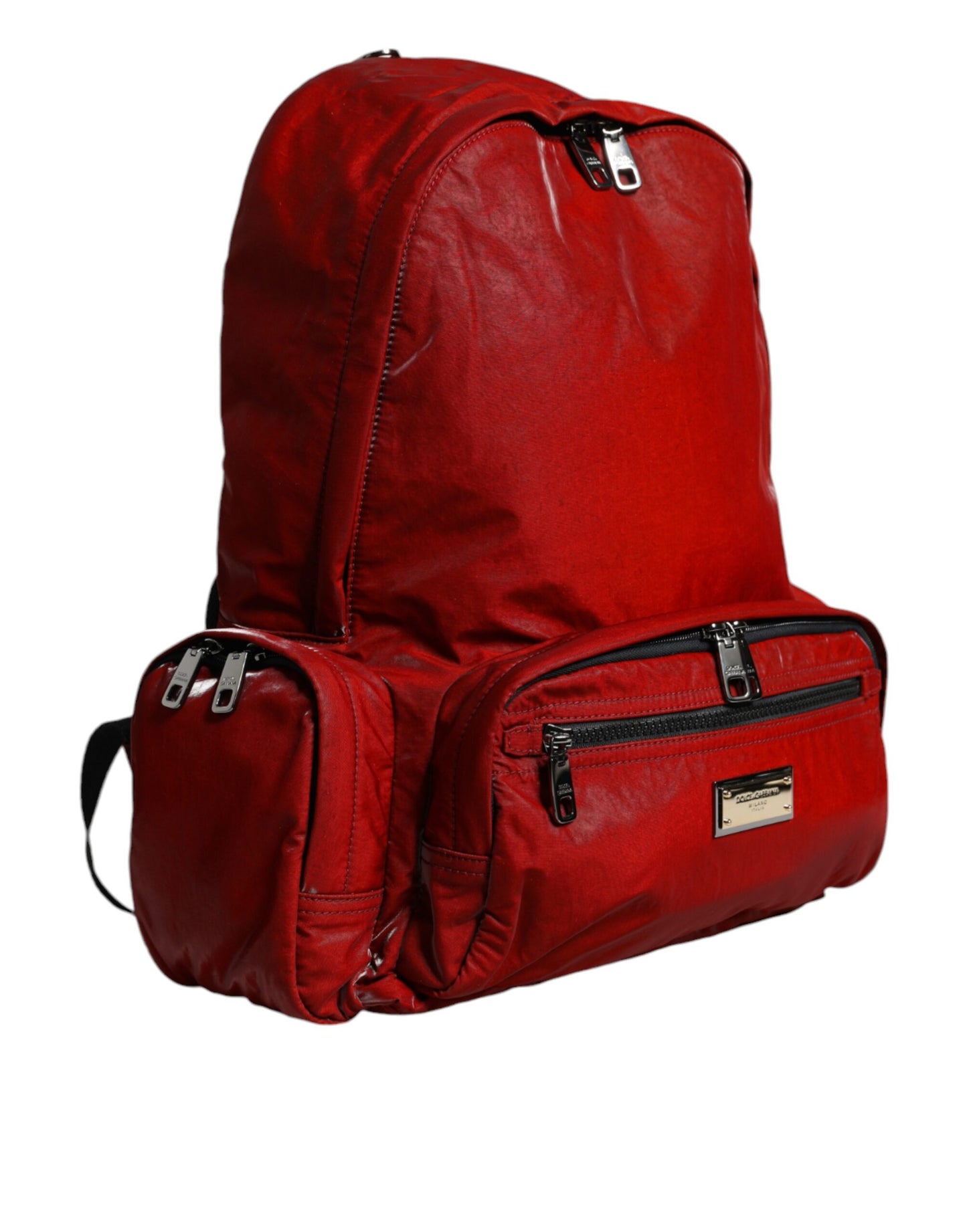 Roter Rucksack aus Lackleder mit Logo-Schild