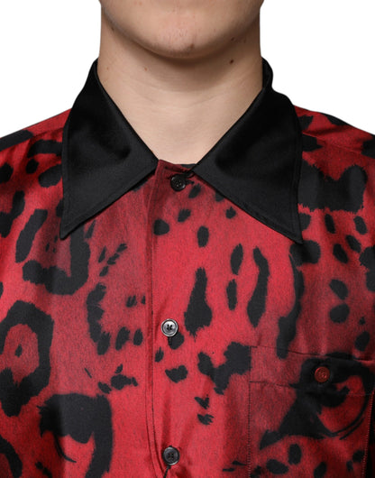 Rotes Button-Down-Hemd aus Seide mit Leopardenmuster