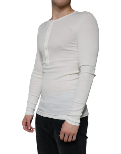 Weißer Henley-Pullover aus Baumwolle mit Rundhalsausschnitt