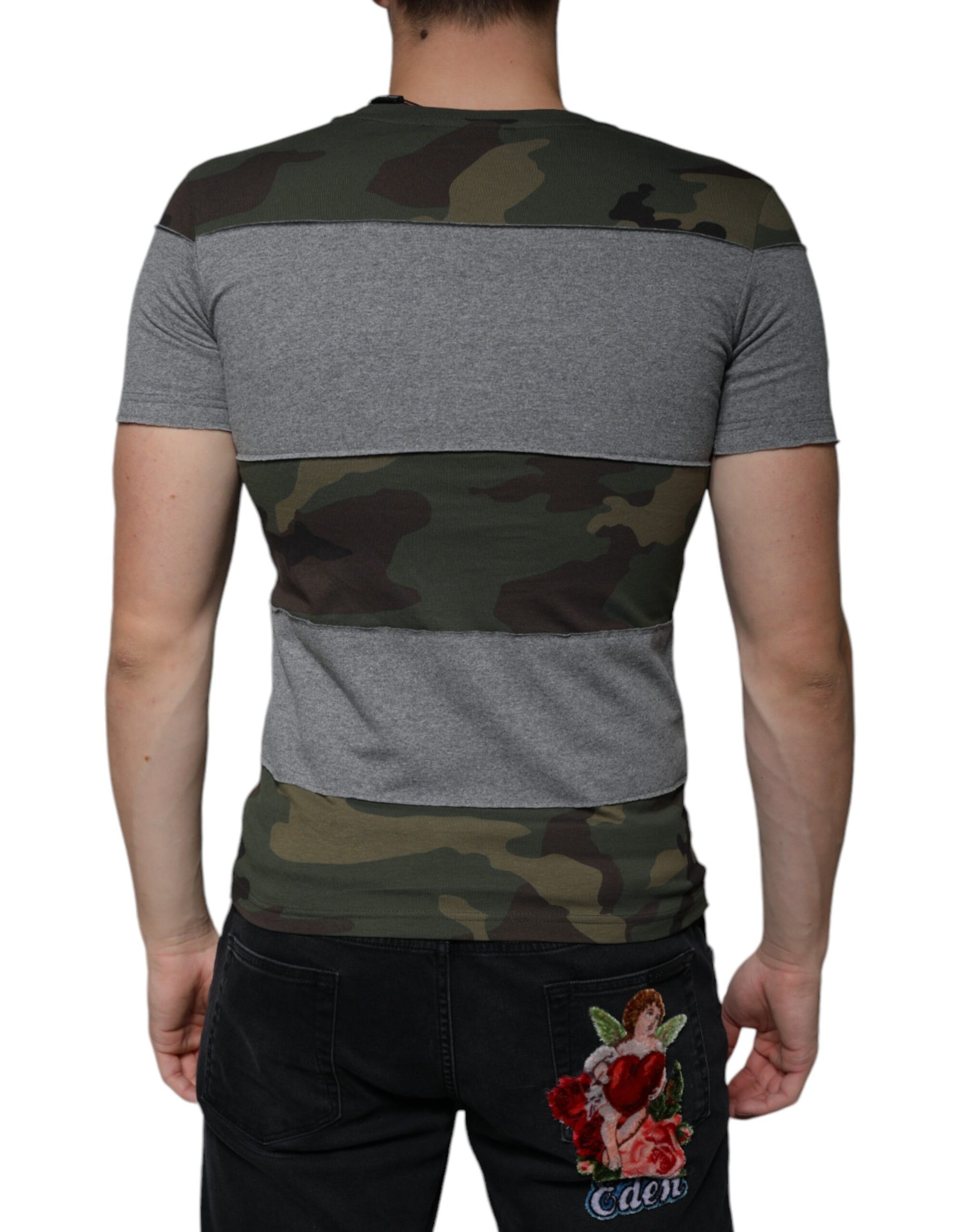 Mehrfarbiges Rundhals-T-Shirt aus Baumwolle mit Camouflage-Muster