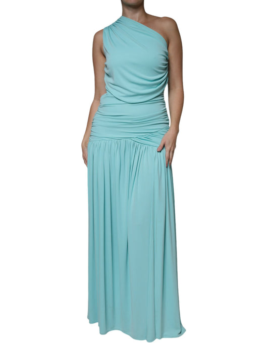 Hellblaues, langes, drapiertes One-Shoulder-Jersey-Kleid