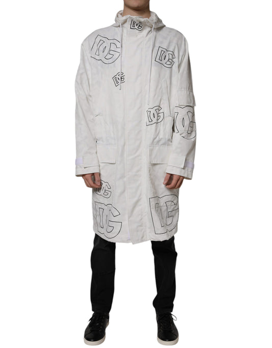 Weißer Parka aus Polyester mit Kapuze, Trenchcoat-Jacke