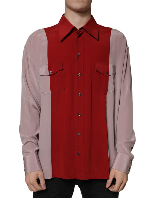 Rotes und rosa Button-Down-Hemd aus Seide mit Kragen