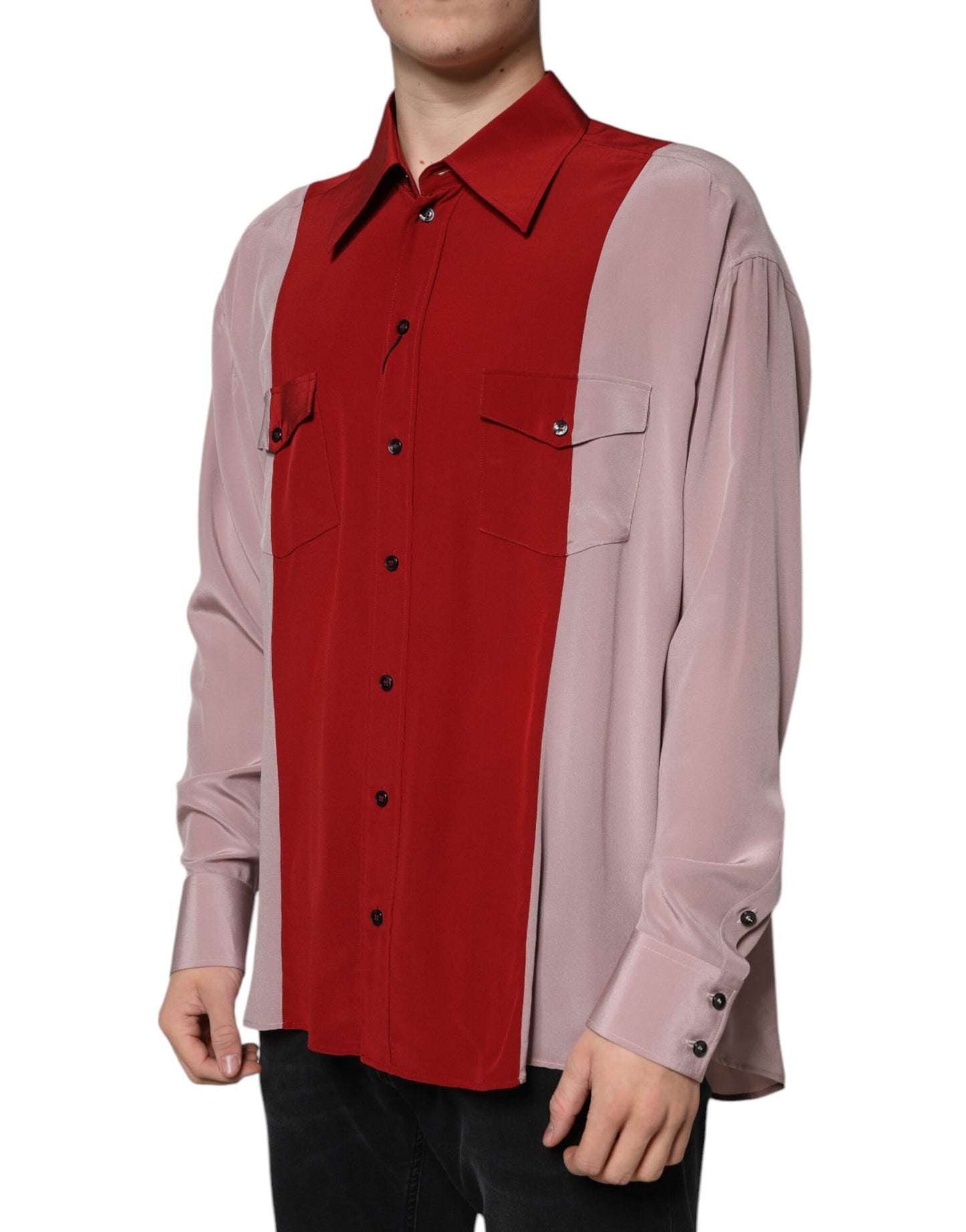 Rotes und rosa Button-Down-Hemd aus Seide mit Kragen