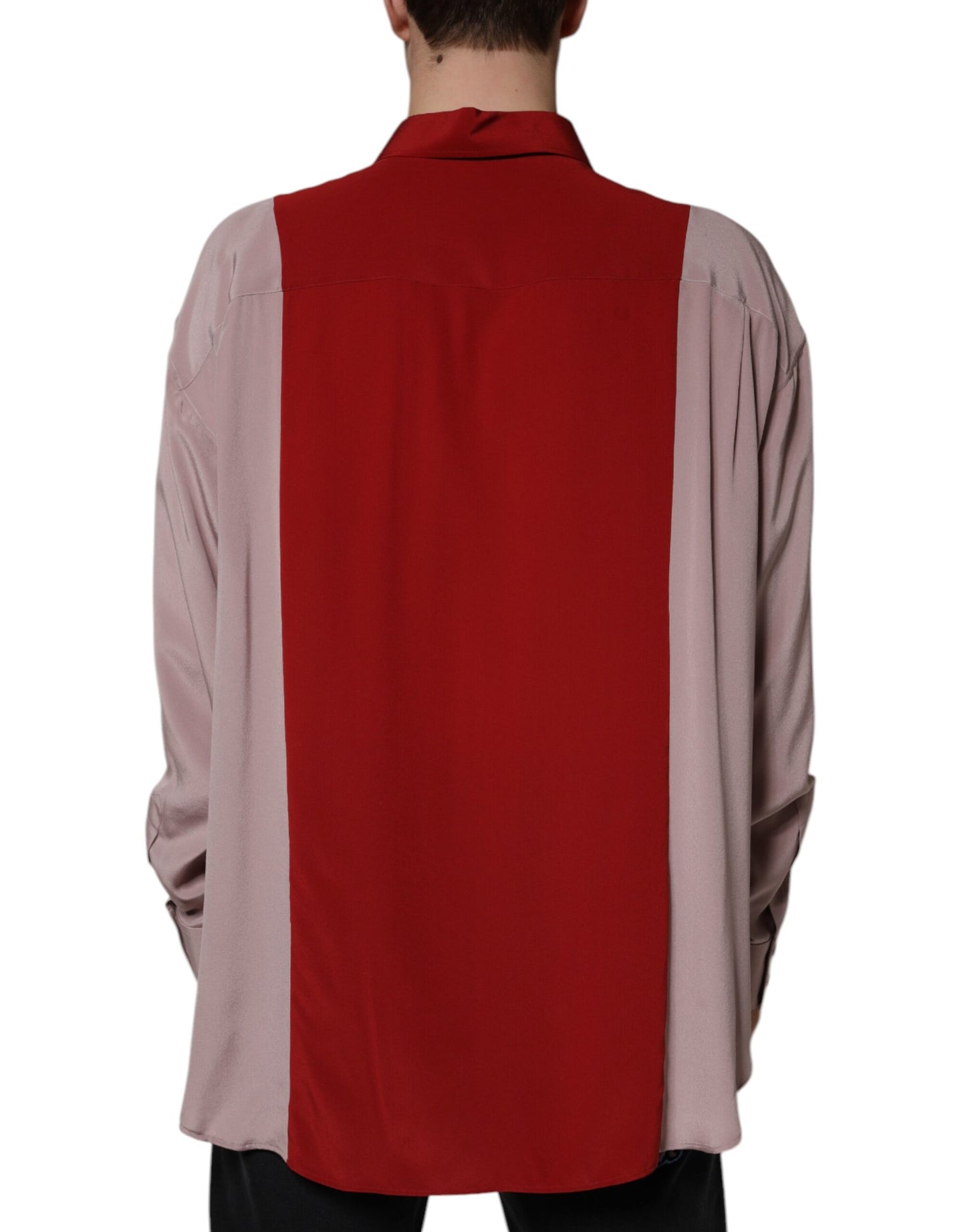 Rotes und rosa Button-Down-Hemd aus Seide mit Kragen