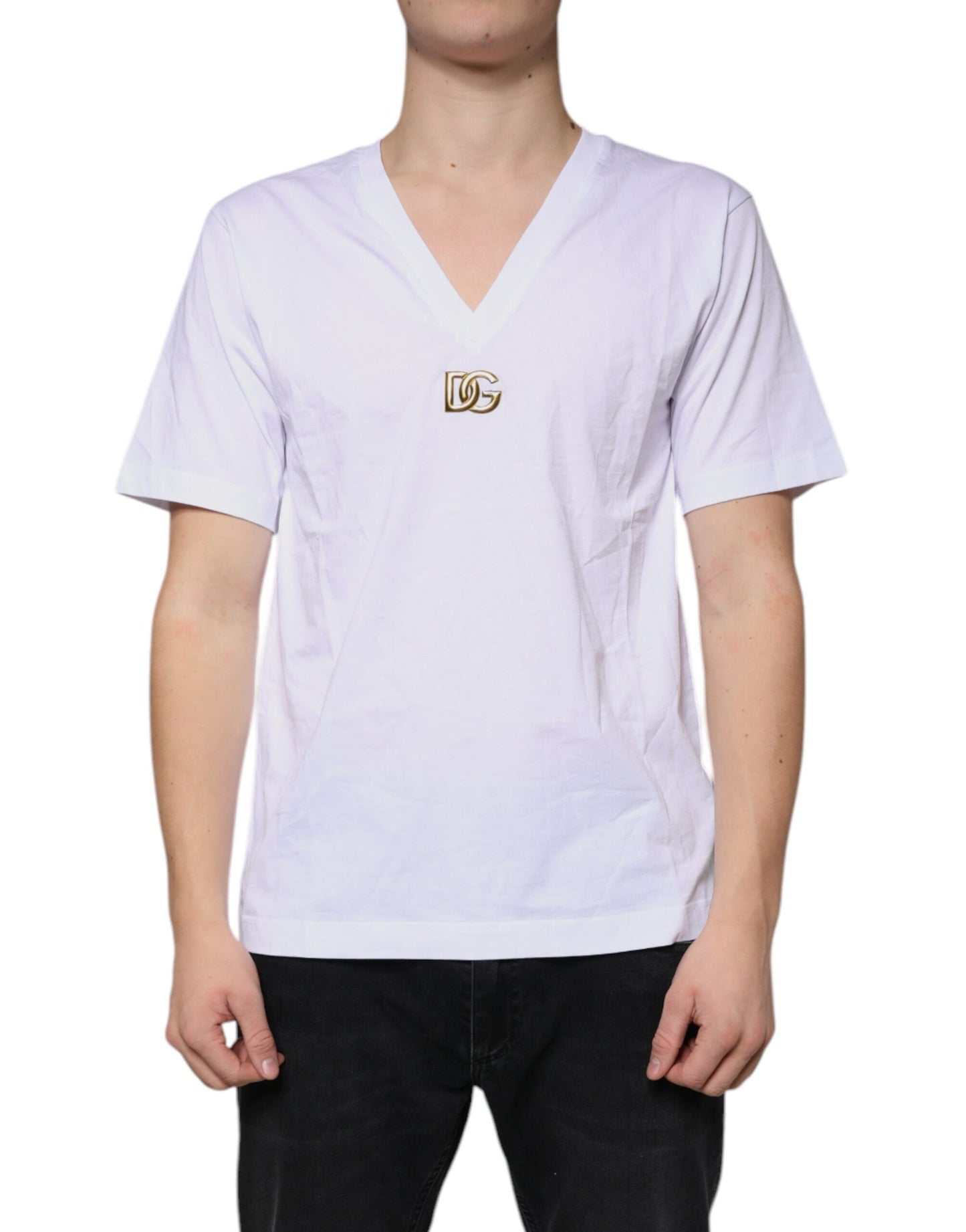 White Logo Cotton Vneck Short Sleeve T-shirt