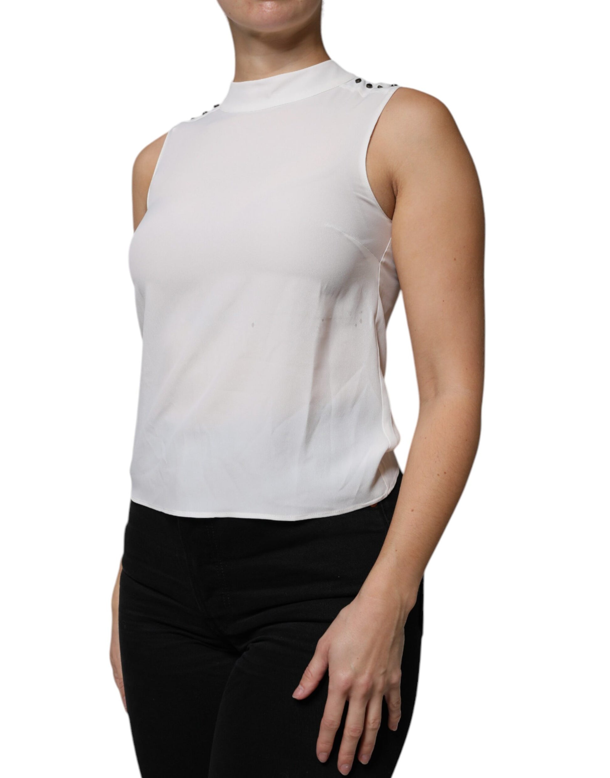 Weißes ärmelloses Tank-Bluse-Top mit Stehkragen