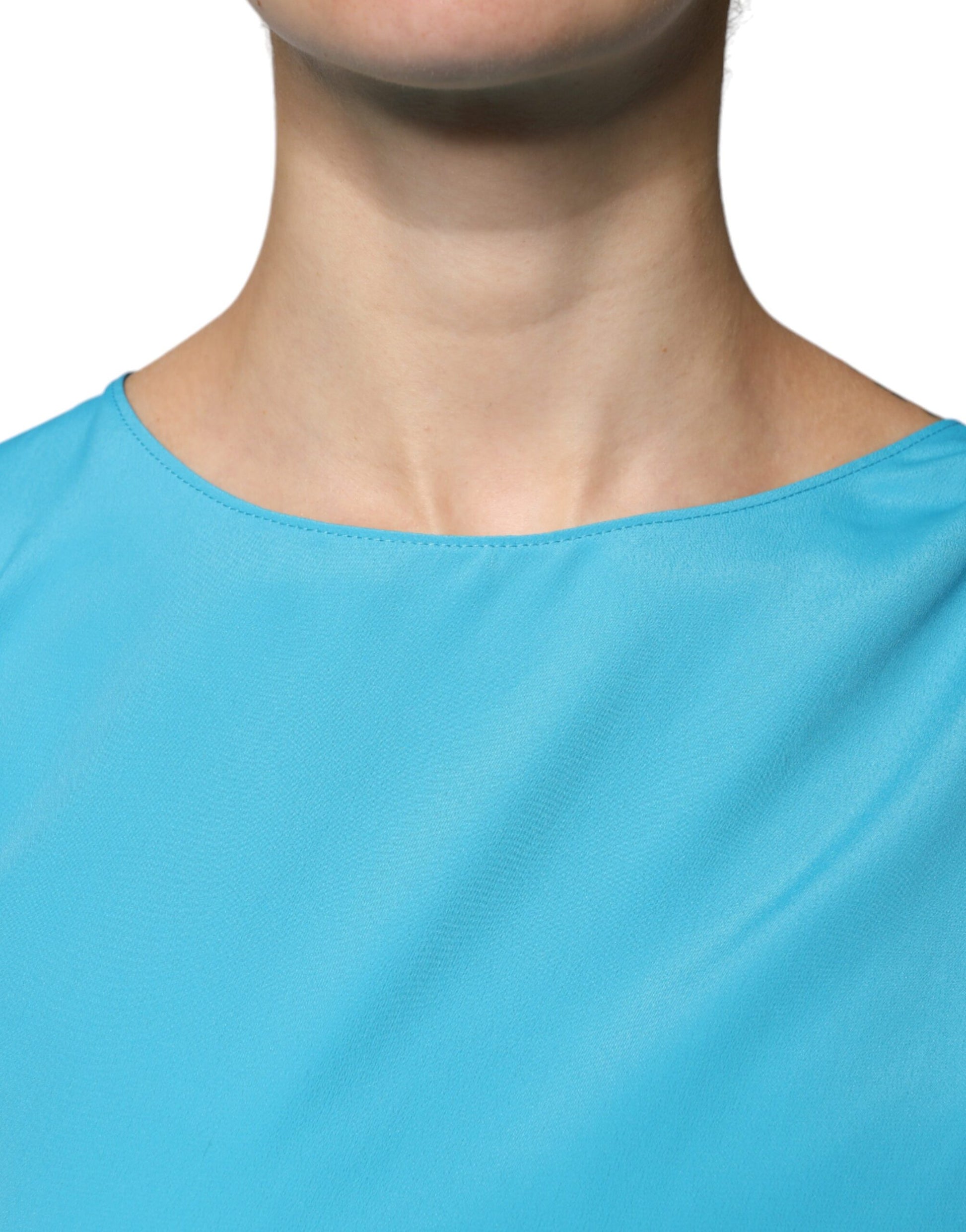 Blue Round Neckline Long Sleeves Blouse Top