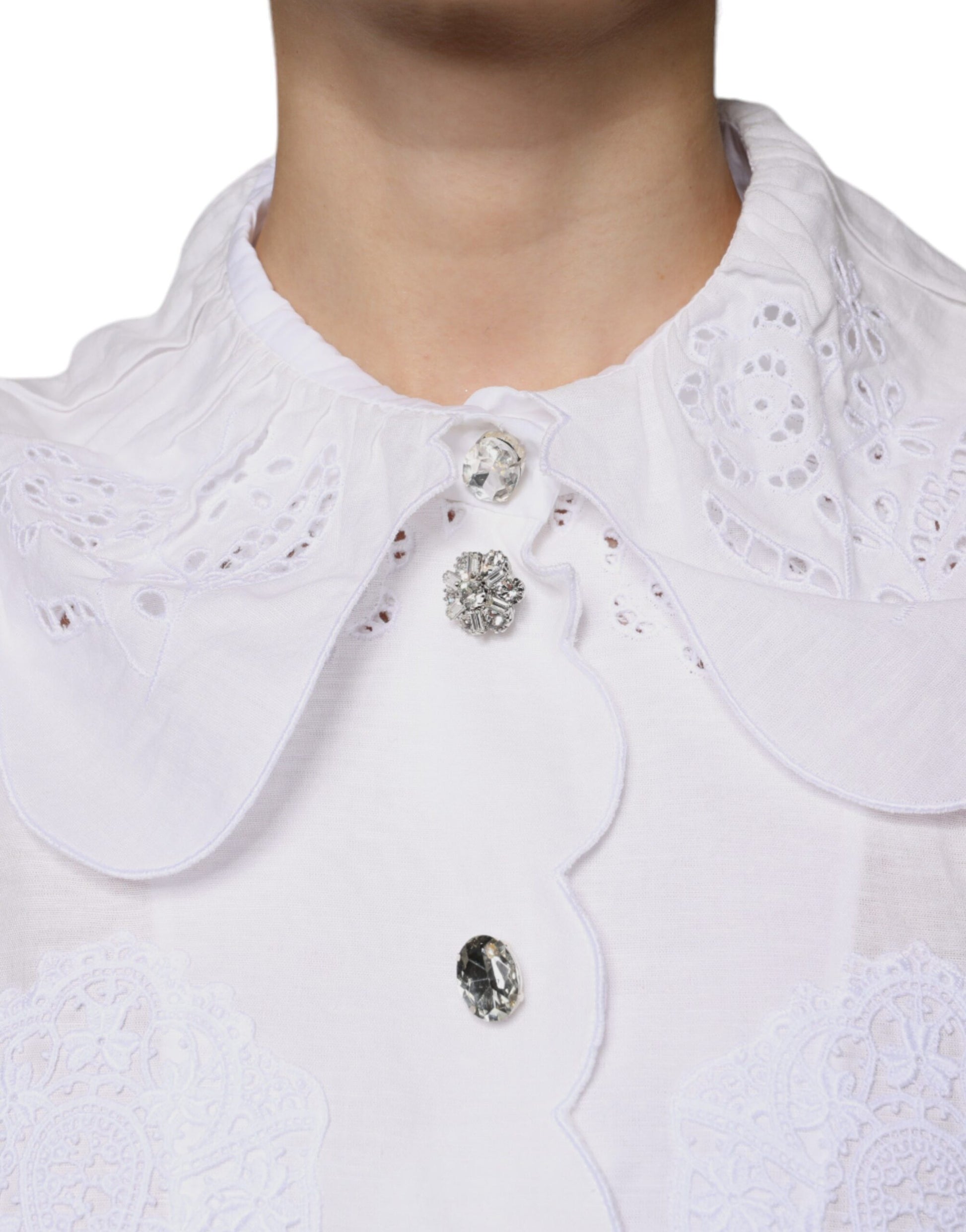 White Cotton Lace Trim Collared Blouse Top