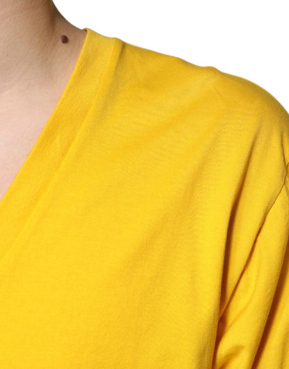 Yellow Cotton V-neck Short Sleeves T-shirt