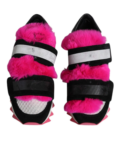 Black Pink Fur Embellished Sneakers Shoes