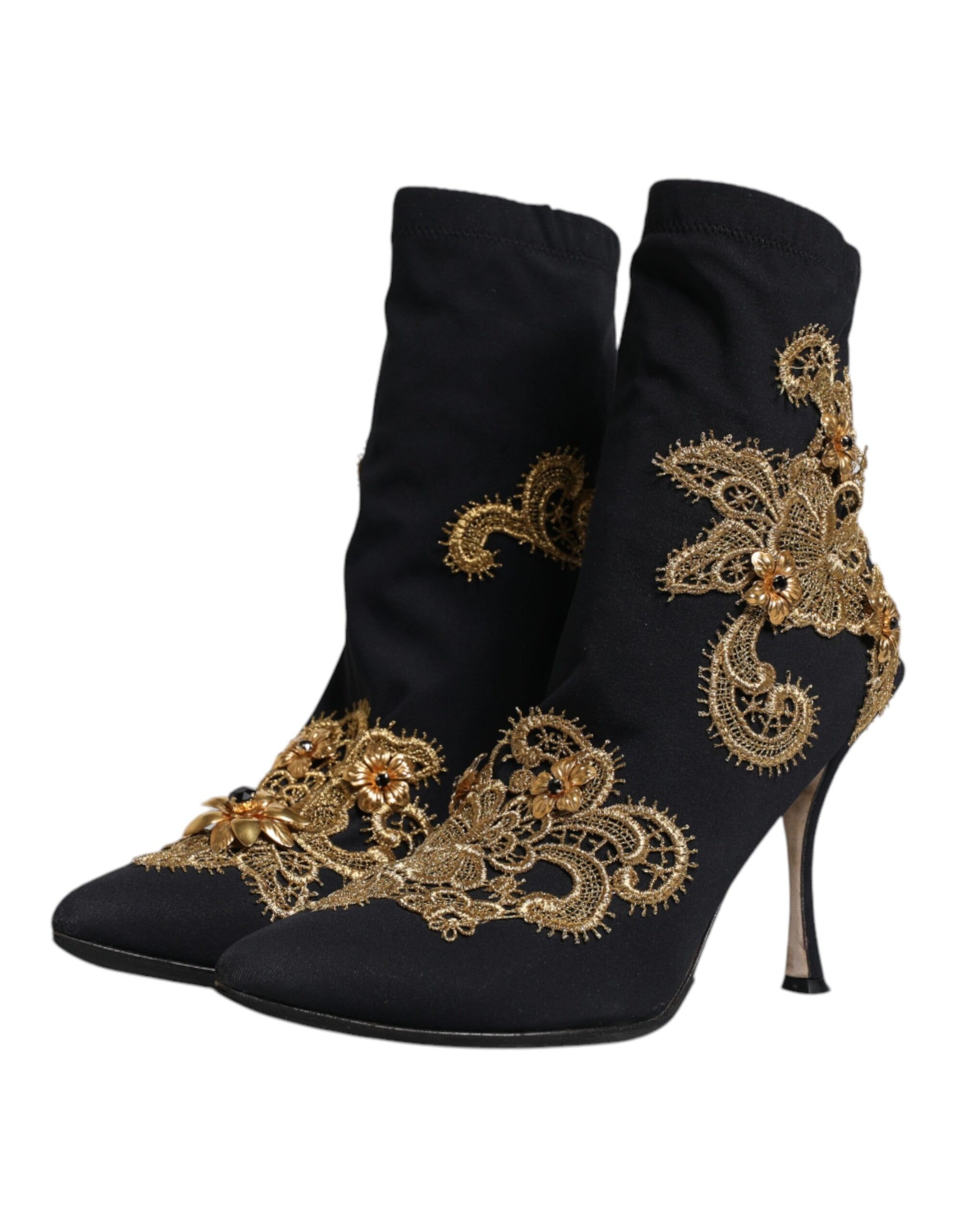 Black Gold Embroidery Slip On Boots Shoes