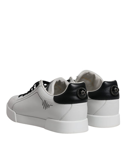 White Black Leather Low Top Sneakers Shoes