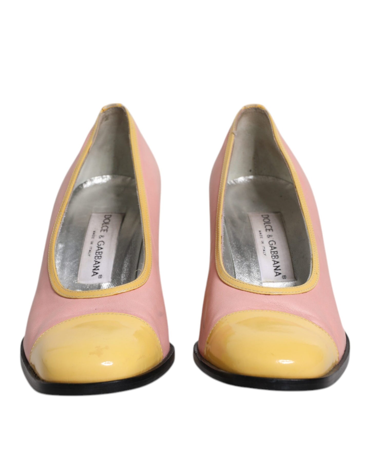 Pink Yellow Leather Block Heels Pumps Shoes