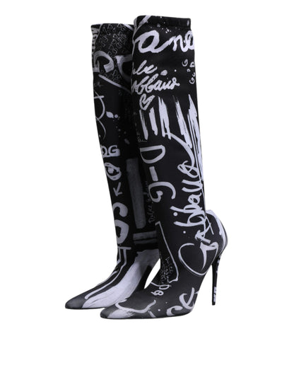 Black Logo Stretch Heels High Boots Shoes